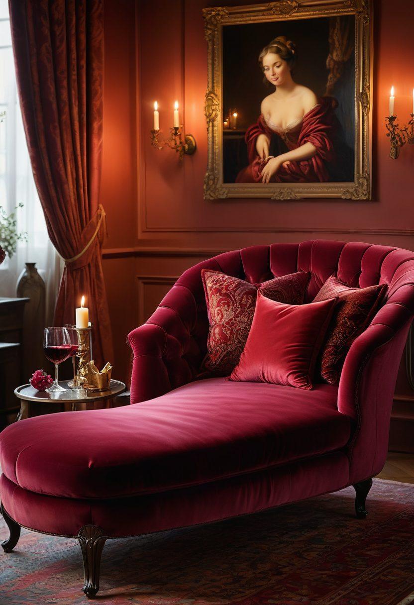 A luxurious, elegantly decorated room with soft, dim lighting, featuring a plush velvet chaise lounge adorned with silk pillows. In the background, a tasteful artwork depicting intimacy and connection, with subtle hints of mature themes. A glass of red wine on a small, ornate table, and a flickering candle adding warmth to the scene. The overall atmosphere is inviting and provocative, celebrating maturity and joy in sensuality. super-realistic. warm tones. soft focus.
