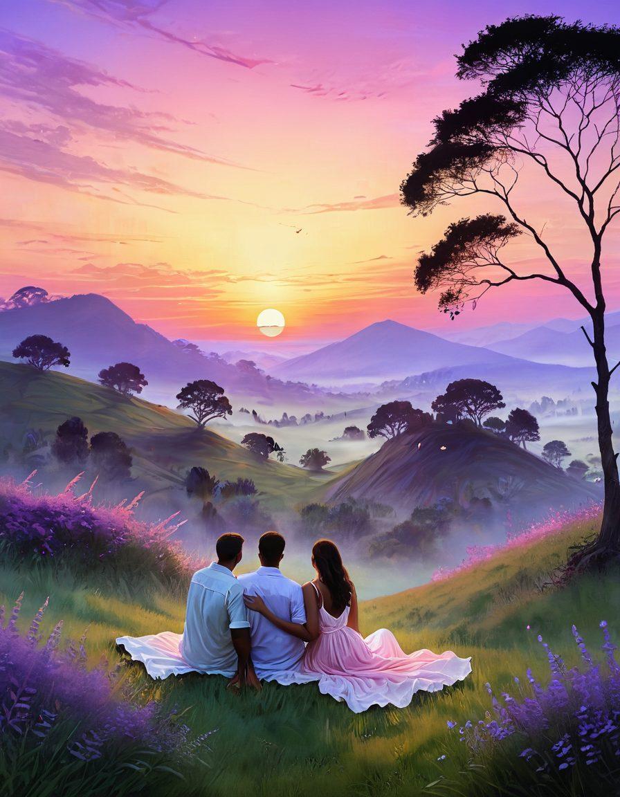 A serene landscape depicting two people sitting on a grassy hill, gazing at a vibrant sunset, surrounded by whimsical elements like floating dreams and ethereal light orbs. Include symbols of connection, like intertwining vines wrapping around them, and a soft, inviting atmosphere that evokes feelings of contentment. The style should be dreamlike with pastel colors and soft textures. digital painting. soft focus.