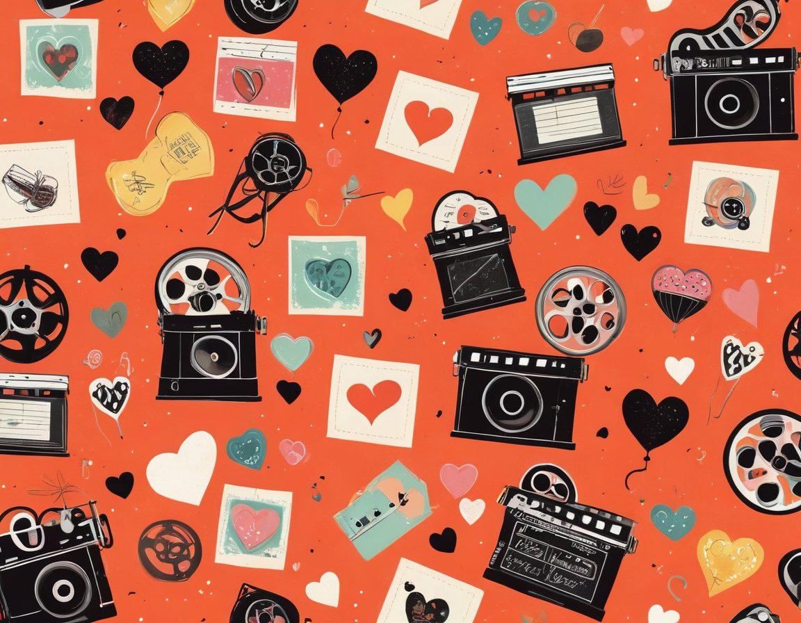 A colorful and playful collage of adult film elements, such as film reels, hearts, and smiling characters enjoying sensual moments. Capture the essence of joy and contentment through vibrant colors, emphasizing a light-hearted approach to sensual entertainment. Combine whimsical illustrations with elements of glamour, like sparkling lights and soft-focus effects. The background should evoke a cozy, inviting atmosphere, celebrating the exploration of adult films in a positive light. vibrant colors. playful style. whimsical design.